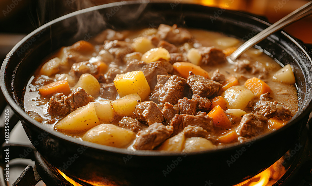 Beef stew simmering in a cast-iron pot over flames, with beef, potatoes, carrots, and a ladle ready Beef stew simmering in a cast-iron pot over flames, with beef, potatoes, carrots, and a ladle ready
