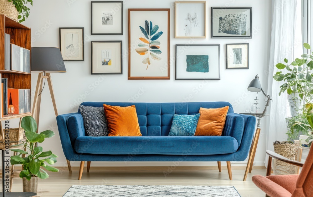 Wide-angle view of the living room, showcasing the blue sofa with colorful pillows as the focal point. Wide-angle view of the living room, showcasing the blue sofa with colorful pillows as the focal point.