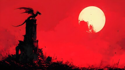Crédence de cuisine Rouge Majestic Dragon Perched on Crumbling Tower under Fiery Red Moon in Minimalist Pop Art Style  © Khukrit