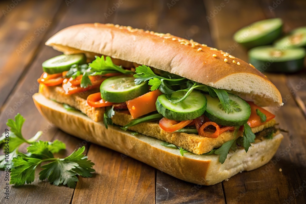 Delicious vegan banh mi sandwich with tofu, cucumber, cilantro, and kimchi Delicious vegan banh mi sandwich with tofu, cucumber, cilantro, and kimchi