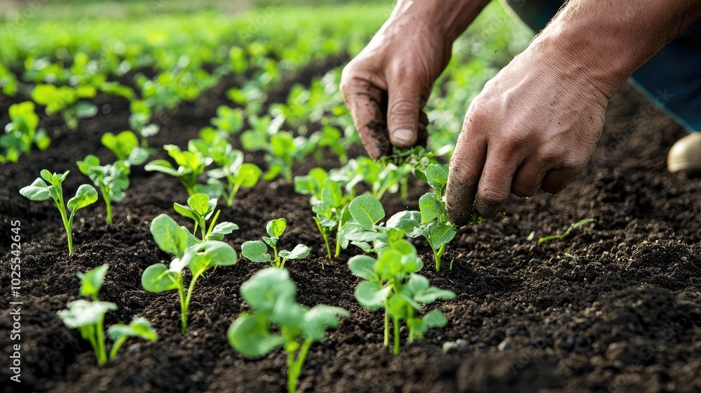 Farmer Planting Seeds in Vibrant Green Field Farmer Planting Seeds in Vibrant Green Field