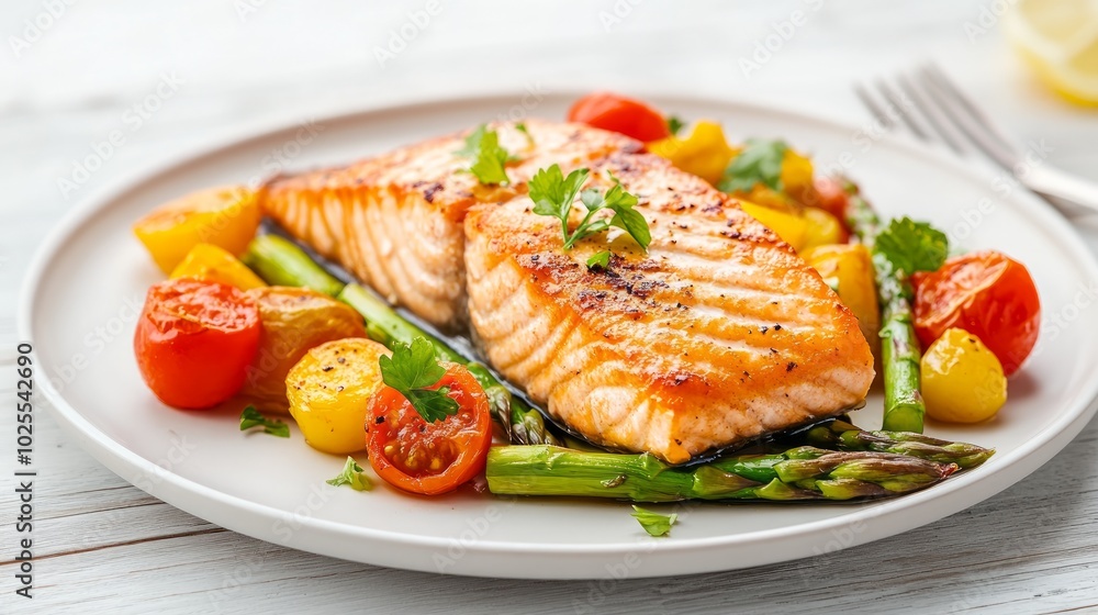 A plate of grilled salmon with roasted asparagus and cherry tomatoes. A plate of grilled salmon with roasted asparagus and cherry tomatoes.