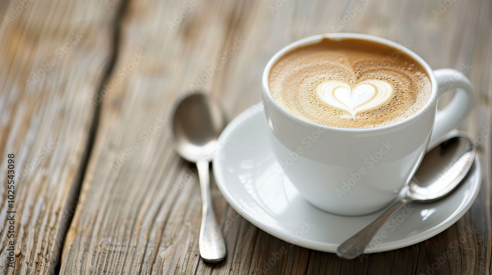 perfect latte with heart design in foam, served in white cup on rustic wooden table, evokes warmth and comfort perfect latte with heart design in foam, served in white cup on rustic wooden table, evokes warmth and comfort