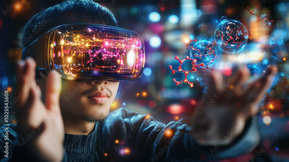 pharmaceutical researcher is immersed in augmented reality, exploring molecular structures and data visualizations. vibrant colors and dynamic elements create engaging atmosphere pharmaceutical researcher is immersed in augmented reality, exploring molecular structures and data visualizations. vibrant colors and dynamic elements create engaging atmosphere