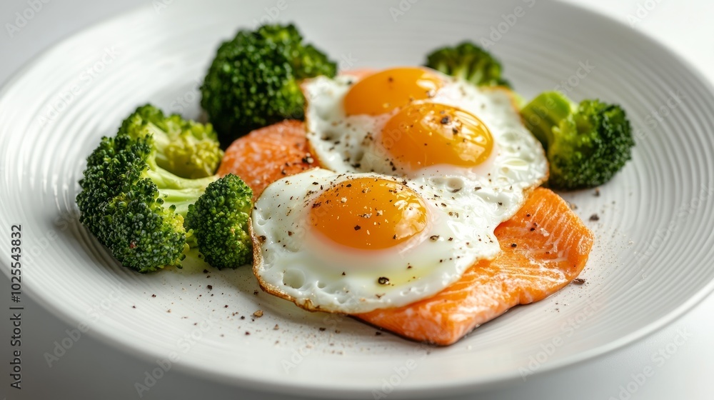 A plate of salmon, eggs, and broccoli. A plate of salmon, eggs, and broccoli.