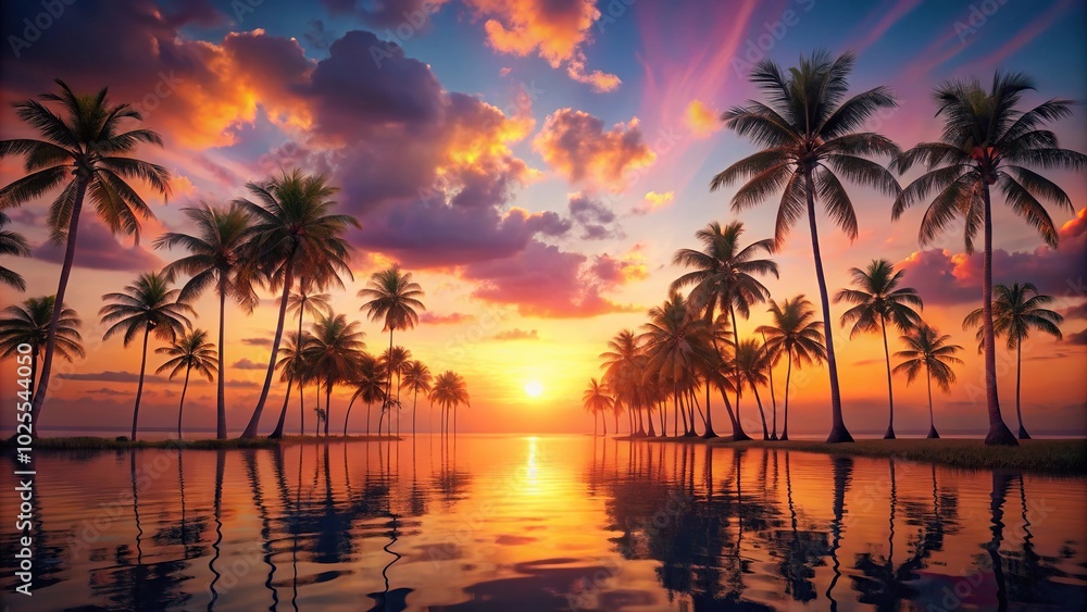 Depth of field abstract sunset landscape with palm trees Depth of field abstract sunset landscape with palm trees