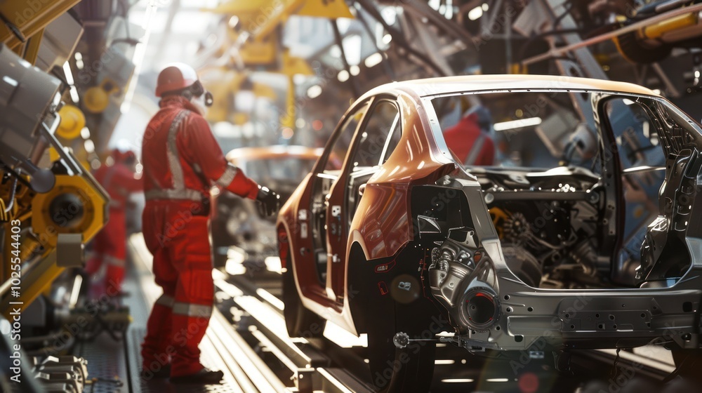 Fototapeta premium Car Assembly Line with Worker Inspecting