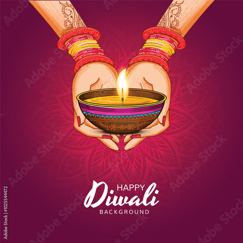 Happy diwali oil lamp for women hand holding diya background