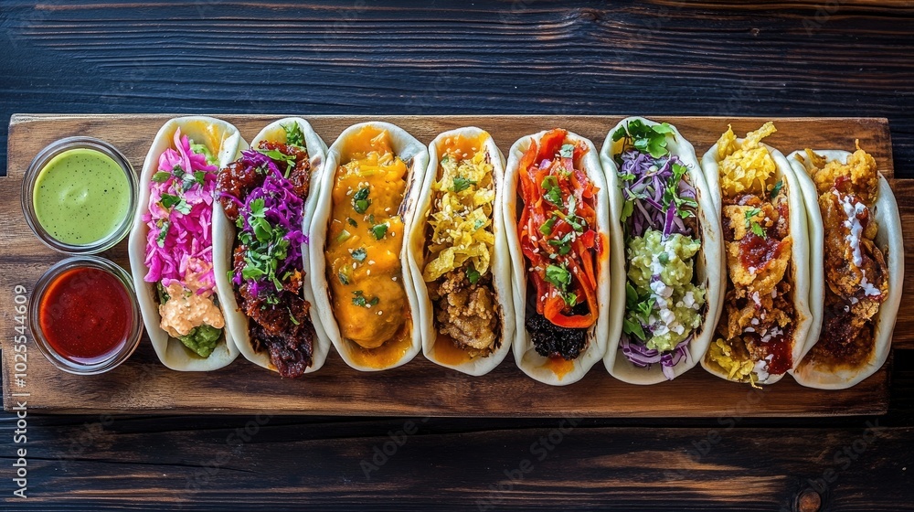 Colorful Variety of Tacos on a Wooden Platter Colorful Variety of Tacos on a Wooden Platter