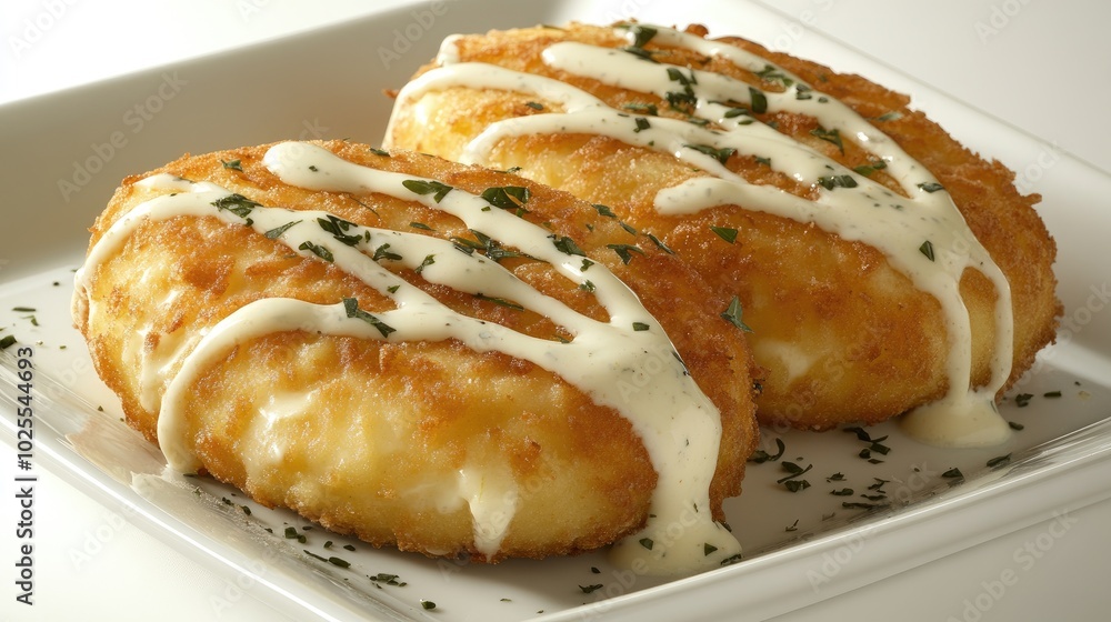 Crispy Fried Delicacies with Creamy Sauce Drizzle Crispy Fried Delicacies with Creamy Sauce Drizzle