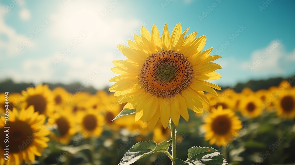 Fototapeta premium A single sunflower in a field of sunflowers, with the sun shining in the background.