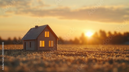 A small house silhouette in a field at sunset. The sun is setting behind the house, casting a warm glow.