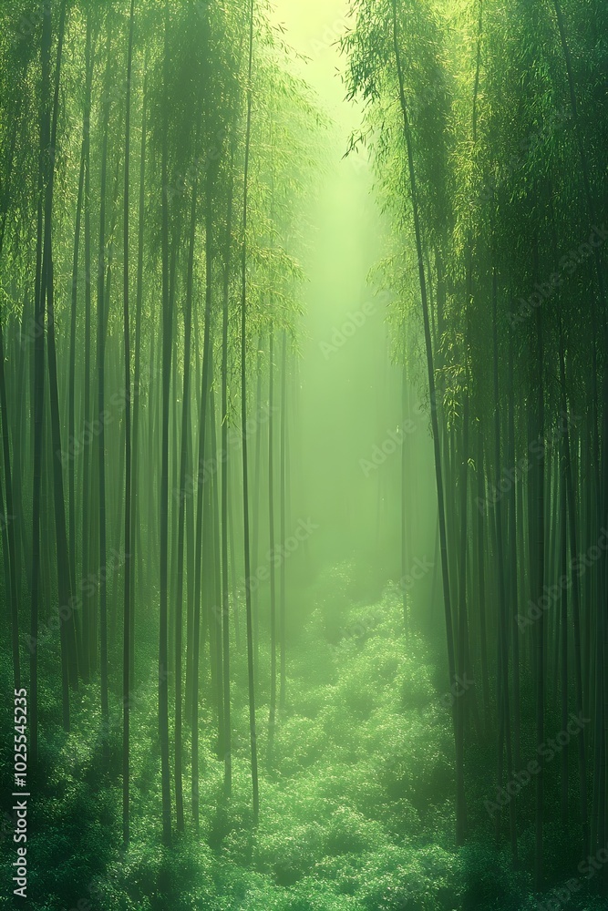 Naklejka premium A misty bamboo forest, the tall stalks creating a serene and otherworldly atmosphere.