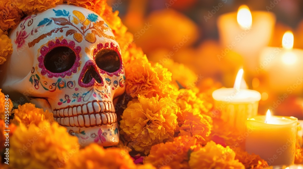 A close-up of a beautifully decorated sugar skull, with intricate patterns and bright colors, surrounded by marigold flowers and candles on a Day of the Dead altar. Day of the dead. A close-up of a beautifully decorated sugar skull, with intricate patterns and bright colors, surrounded by marigold flowers and candles on a Day of the Dead altar. Day of the dead.