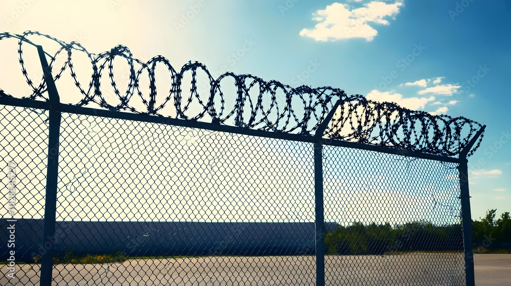 Barbed Wire Over Prison Fence: Swirls of barbed wire atop a high fence. The fence symbolizes non-freedom, totalitarianism, and restrictions. Neutral background for text overlays. Barbed Wire Over Prison Fence: Swirls of barbed wire atop a high fence. The fence symbolizes non-freedom, totalitarianism, and restrictions. Neutral background for text overlays.