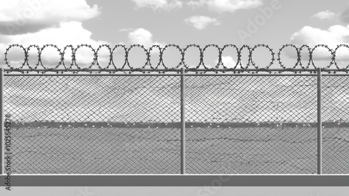 Barbed Wire Over Prison Fence: Swirls of barbed wire atop a high fence. The fence symbolizes non-freedom, totalitarianism, and restrictions. Neutral background for text overlays. 