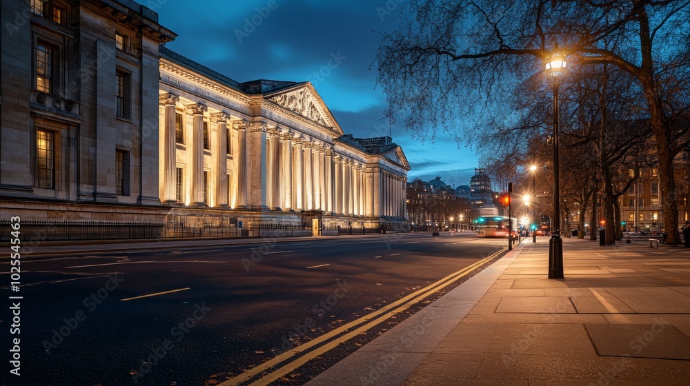 A street with a large building with columns lit up at night. A street with a large building with columns lit up at night.