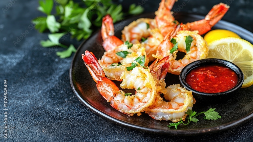 Crispy Fried Shrimp with Lemon and Sauce Crispy Fried Shrimp with Lemon and Sauce