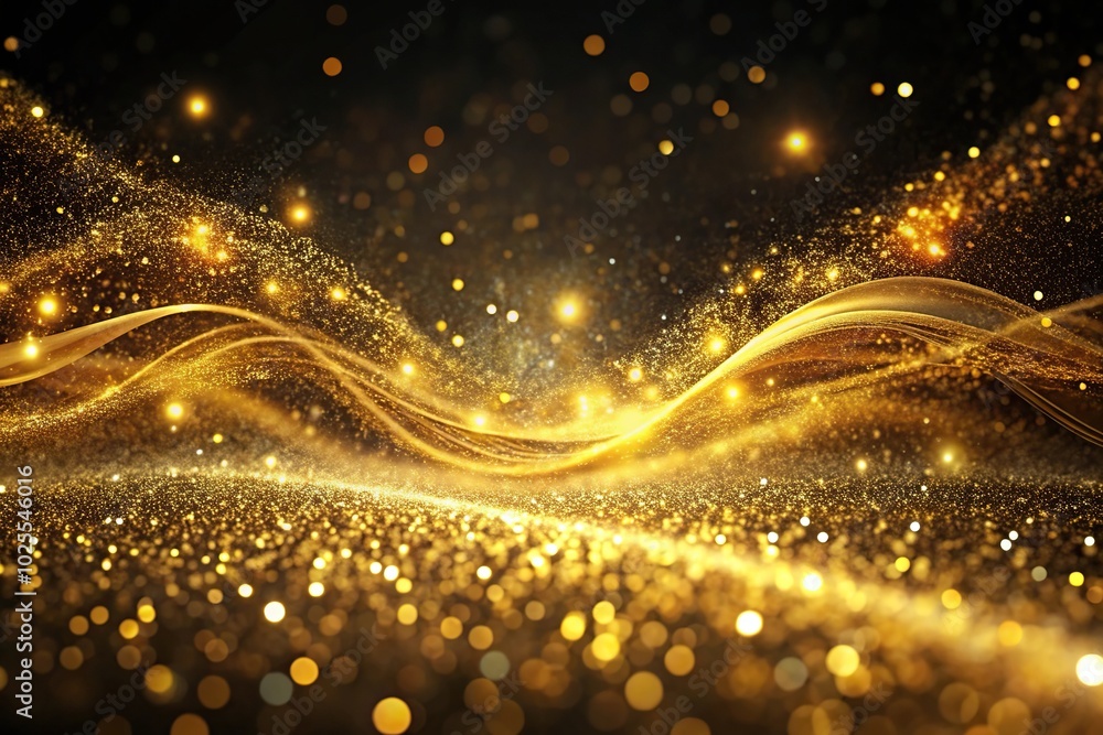 Depth of field golden waves dancing in cosmic dark background with sparks Depth of field golden waves dancing in cosmic dark background with sparks