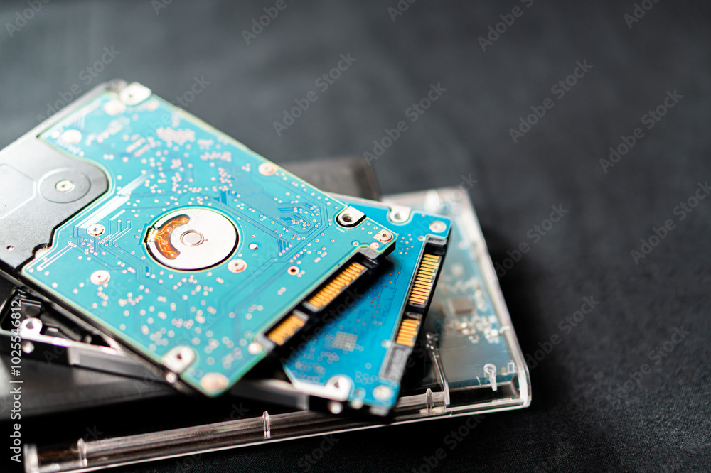 Close-up of Stacked Hard Drives on Dark Surface Close-up of Stacked Hard Drives on Dark Surface