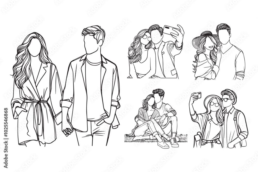 A delightful black and white illustration of a couple on holiday A delightful black and white illustration of a couple on holiday