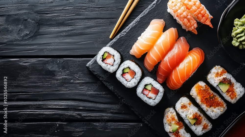 A variety of sushi rolls and nigiri on a black slate plate with chopsticks and wasabi. A variety of sushi rolls and nigiri on a black slate plate with chopsticks and wasabi.