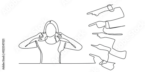 one continuous line drawing of several hands pointing at a woman.one line drawing of a woman being bullied,slandered, accused.single line vector illustration.isolated on white background