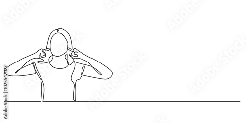 one continuous line drawing of woman covering her ears.one line drawing of mature woman covering her ears with her hands.single line vector illustration.isolated white background