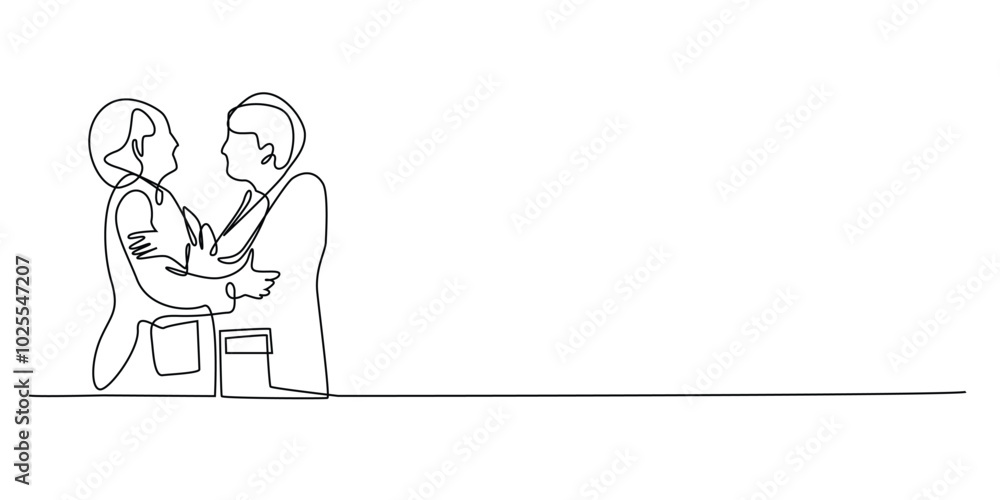 one continuous line drawing of a senior woman meeting an old friend. one line drawing of meeting misses, reunion events, hugging each other, asking for news. single line vector illustration. one continuous line drawing of a senior woman meeting an old friend. one line drawing of meeting misses, reunion events, hugging each other, asking for news. single line vector illustration.