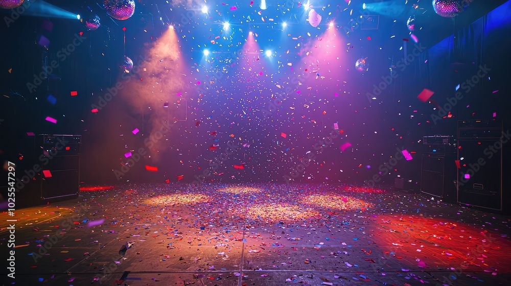 Fototapeta premium Serene Disco Stage After Party with Colorful Confetti