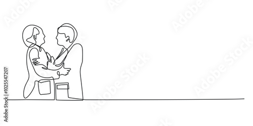 one continuous line drawing of a senior woman meeting an old friend. one line drawing of meeting misses, reunion events, hugging each other, asking for news. single line vector illustration.
