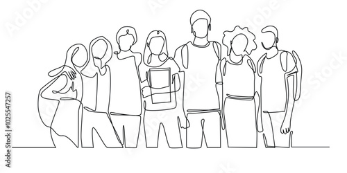 one continuous line drawing of students studying from different races and skin types.one line drawing of diversity of students standing and taking a photo together.single line vector illustration.
