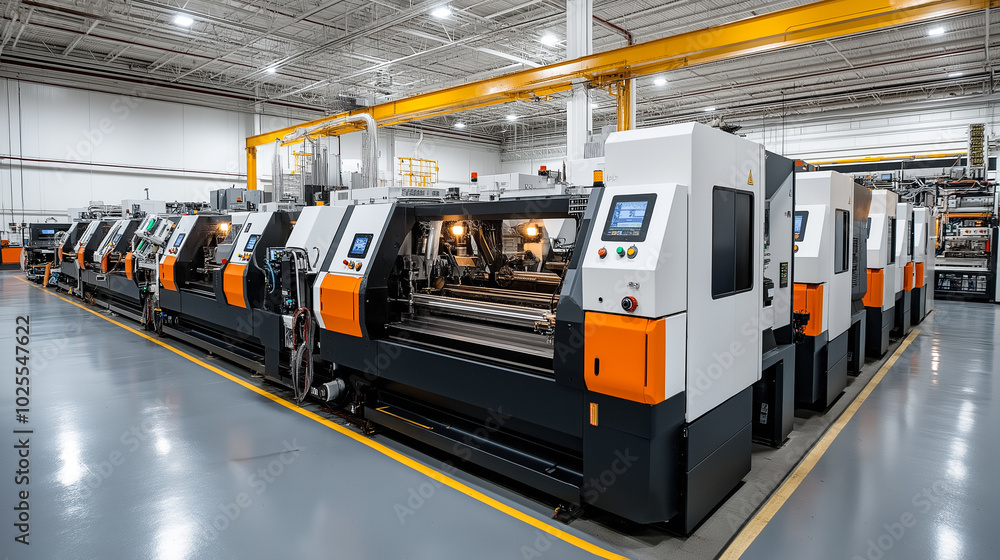 Obraz premium A row of machine tools inside the production industry, Generative AI image. 