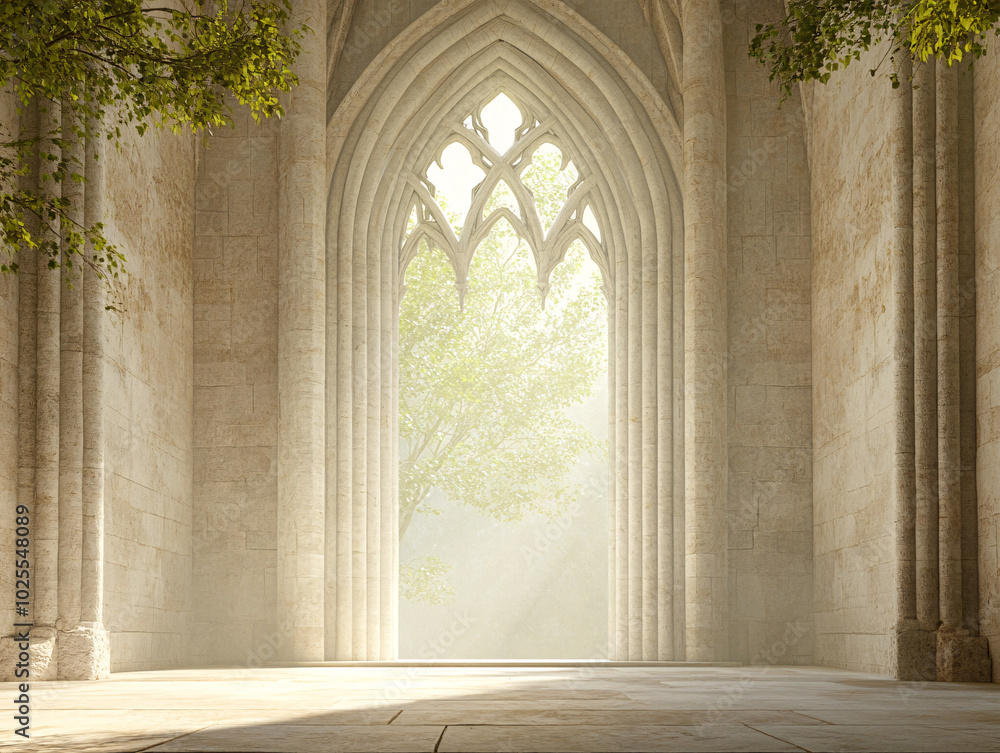 a grand stone archway with a large stained glass window, emitting a warm glow. a grand stone archway with a large stained glass window, emitting a warm glow.