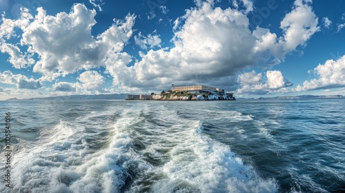 A view of Alcatraz Island in San Francisco Bay, California from a boat. The island is in the distance, with the water in the foreground. The sky is blue with white clouds.