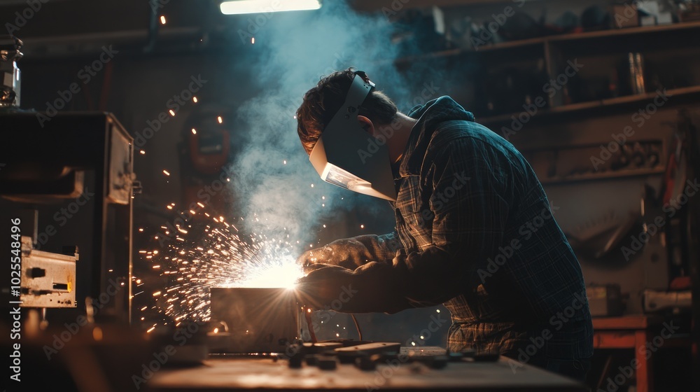 A welder in a workshop welding metal, sparks flying. A welder in a workshop welding metal, sparks flying.