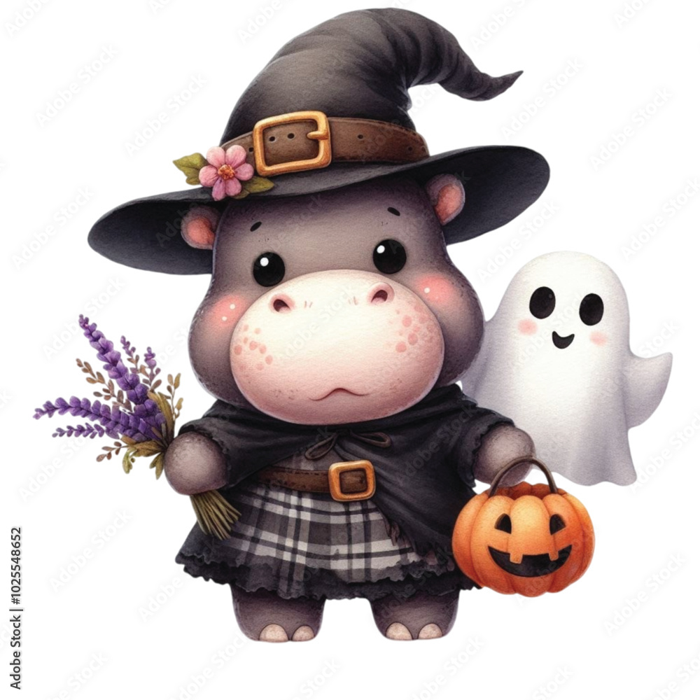 Fototapeta premium Cute pygmy hippo Halloween Day clipart watercolor 