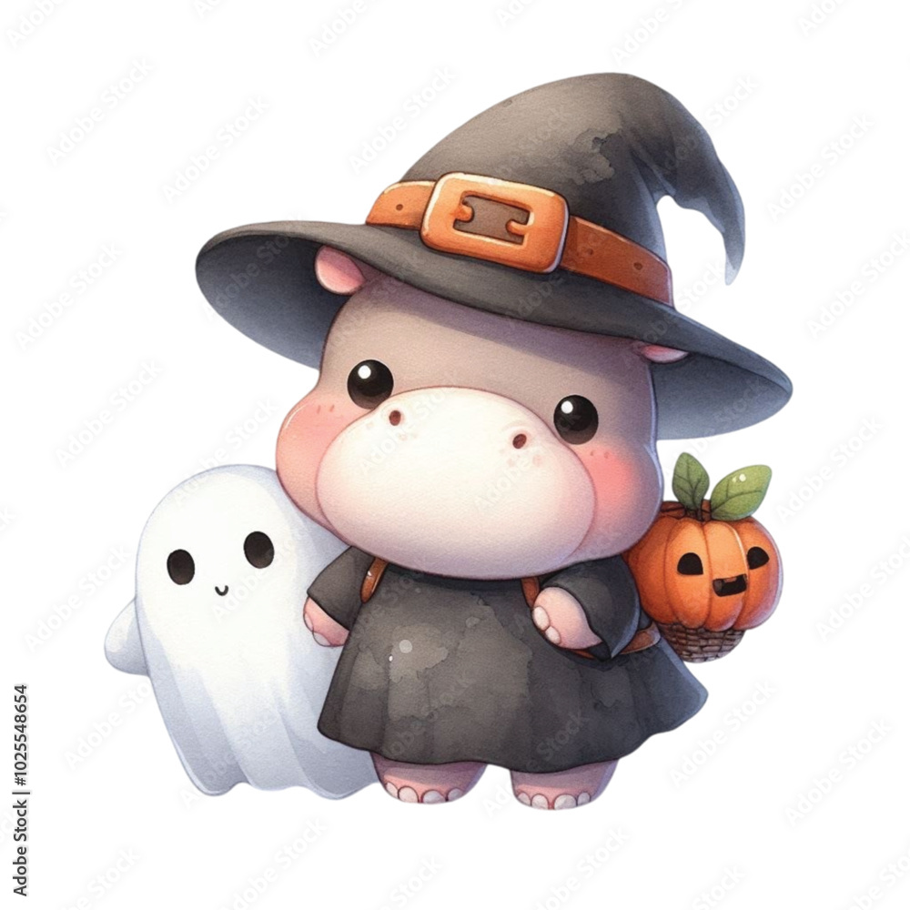 Fototapeta premium Cute pygmy hippo Halloween Day clipart watercolor
