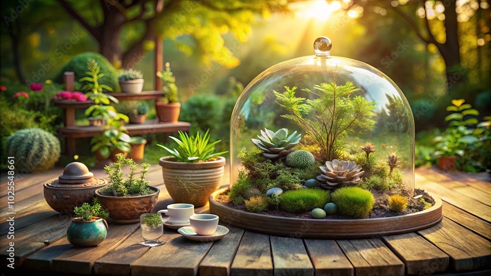 A miniature world of lush greenery thrives within a glass dome, nestled amidst a serene garden setting, bathed in the warm glow of golden sunlight. A miniature world of lush greenery thrives within a glass dome, nestled amidst a serene garden setting, bathed in the warm glow of golden sunlight.