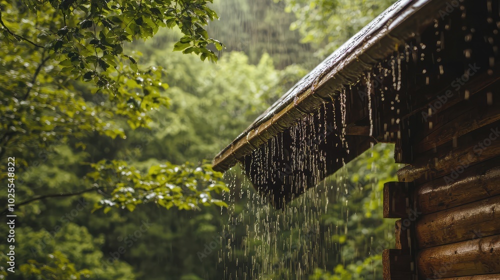 Rainwater Cascading from a Serene Roof in Nature Rainwater Cascading from a Serene Roof in Nature