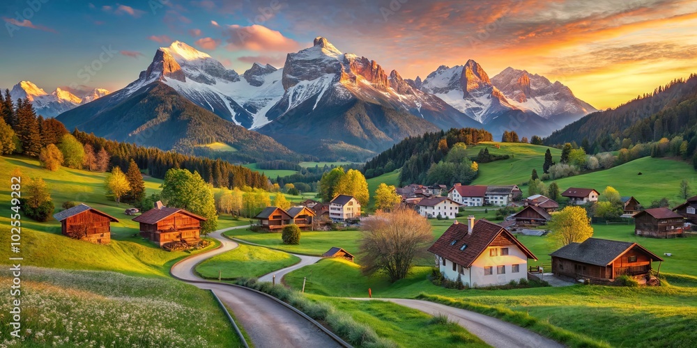 Fototapeta premium A winding road leads through a quaint village nestled amidst rolling green hills, with majestic snow-capped mountains rising in the distance, bathed in the golden glow of a vibrant sunrise.