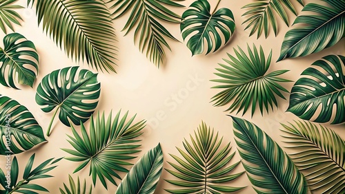 Depth of field tropical leaves pattern on beige background