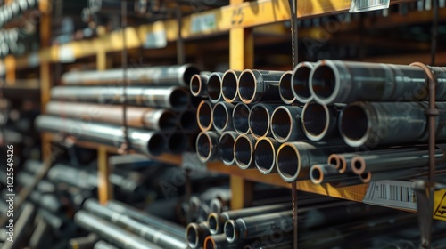 Close-up of stacked metal pipes in a warehouse