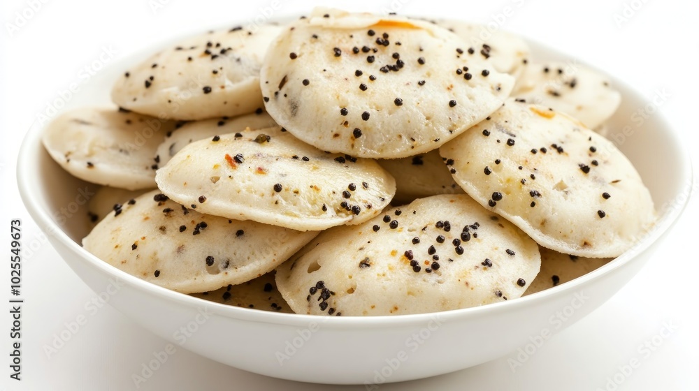A white bowl filled with round, white, spongy, Indian rice cakes, topped with black poppy seeds. A white bowl filled with round, white, spongy, Indian rice cakes, topped with black poppy seeds.