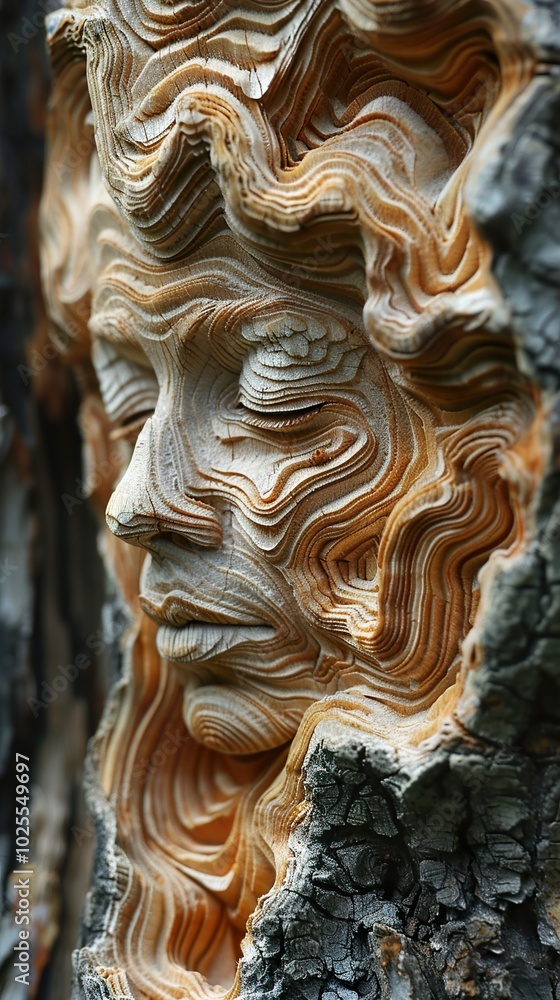 Intricate Wood Carving of a Face in Tree Bark Intricate Wood Carving of a Face in Tree Bark