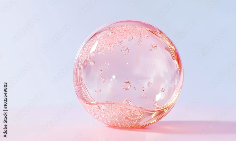 3D rendering of a transparent pink and gold oil drop inside a white background with a hexagon pattern 3D rendering of a transparent pink and gold oil drop inside a white background with a hexagon pattern