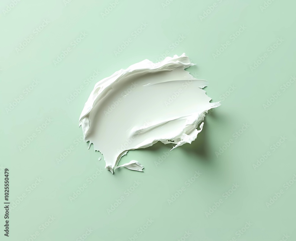 A swatch of white cream, centered on an isolated pastel green background with soft shadows and highlights, showcasing the texture and quality of makeup products A swatch of white cream, centered on an isolated pastel green background with soft shadows and highlights, showcasing the texture and quality of makeup products