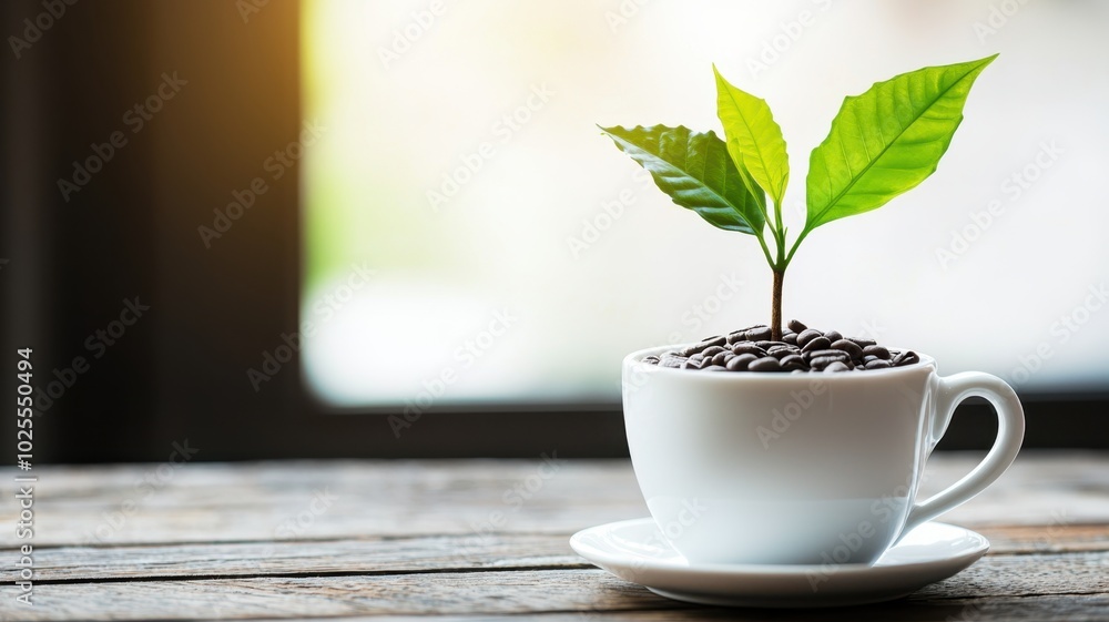 Brewing Life and Energy: Coffee Bean Tree Emerging from Cup of Vitality Brewing Life and Energy: Coffee Bean Tree Emerging from Cup of Vitality