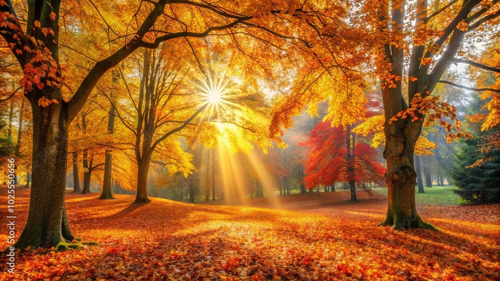 Fototapeta premium Sunlight Filtering Through Golden Autumn Leaves, Illuminating a Carpet of Fallen Foliage in a Tranquil Woodland Setting