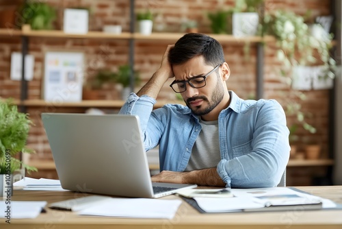 A man experiencing neck pain while working on laptop at desk